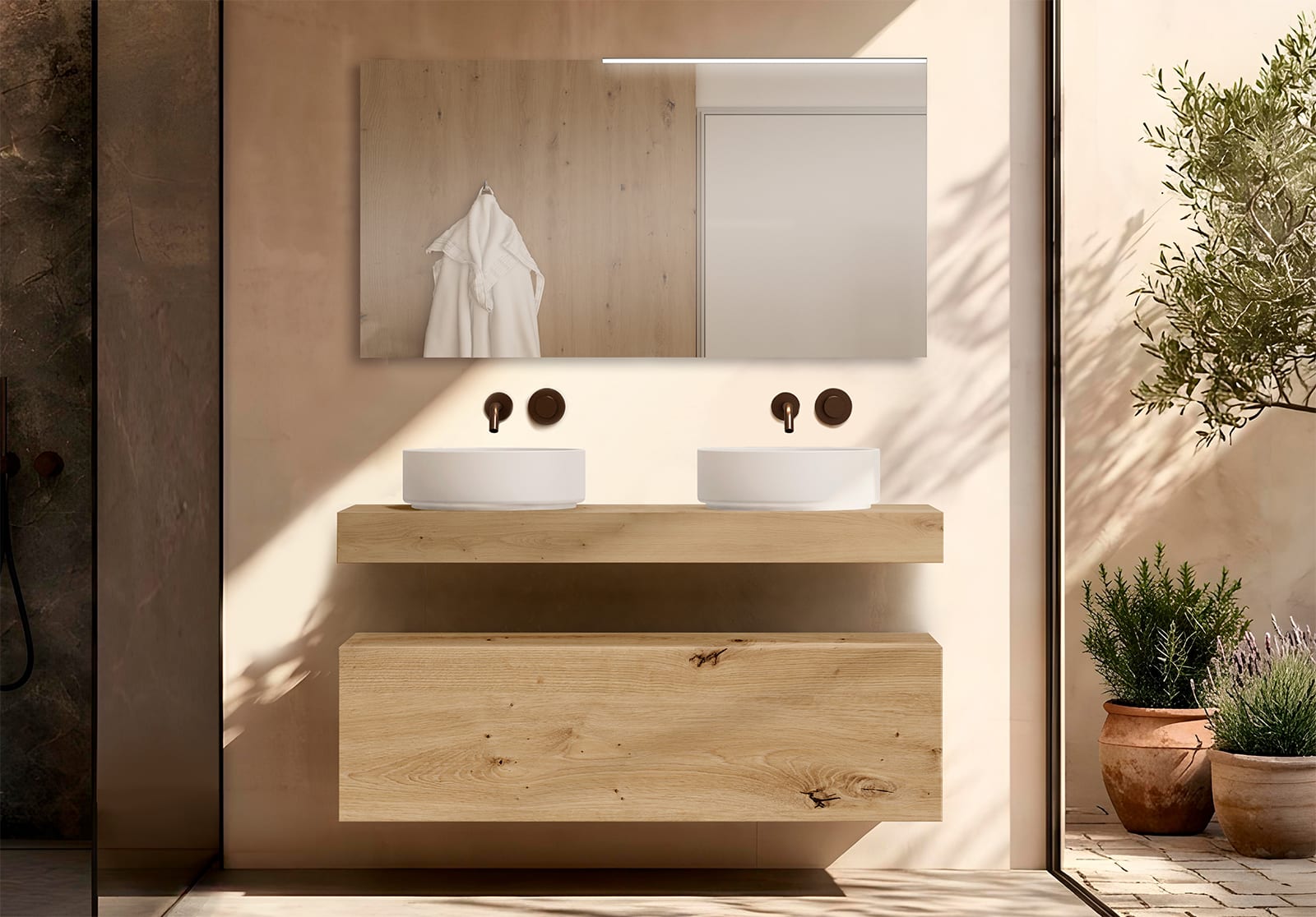 Mueble de baño con encimera de madera 10 cm de altura con cajonera Nomad monocolor Visobath principal 0