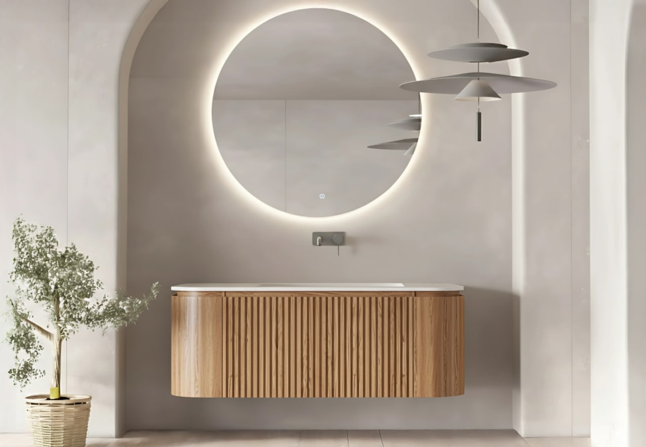Conjunto de mueble de baño 100 cm de madera maciza de fresno con lavabo Solid Surface Evo Curve Bruntec principal 0