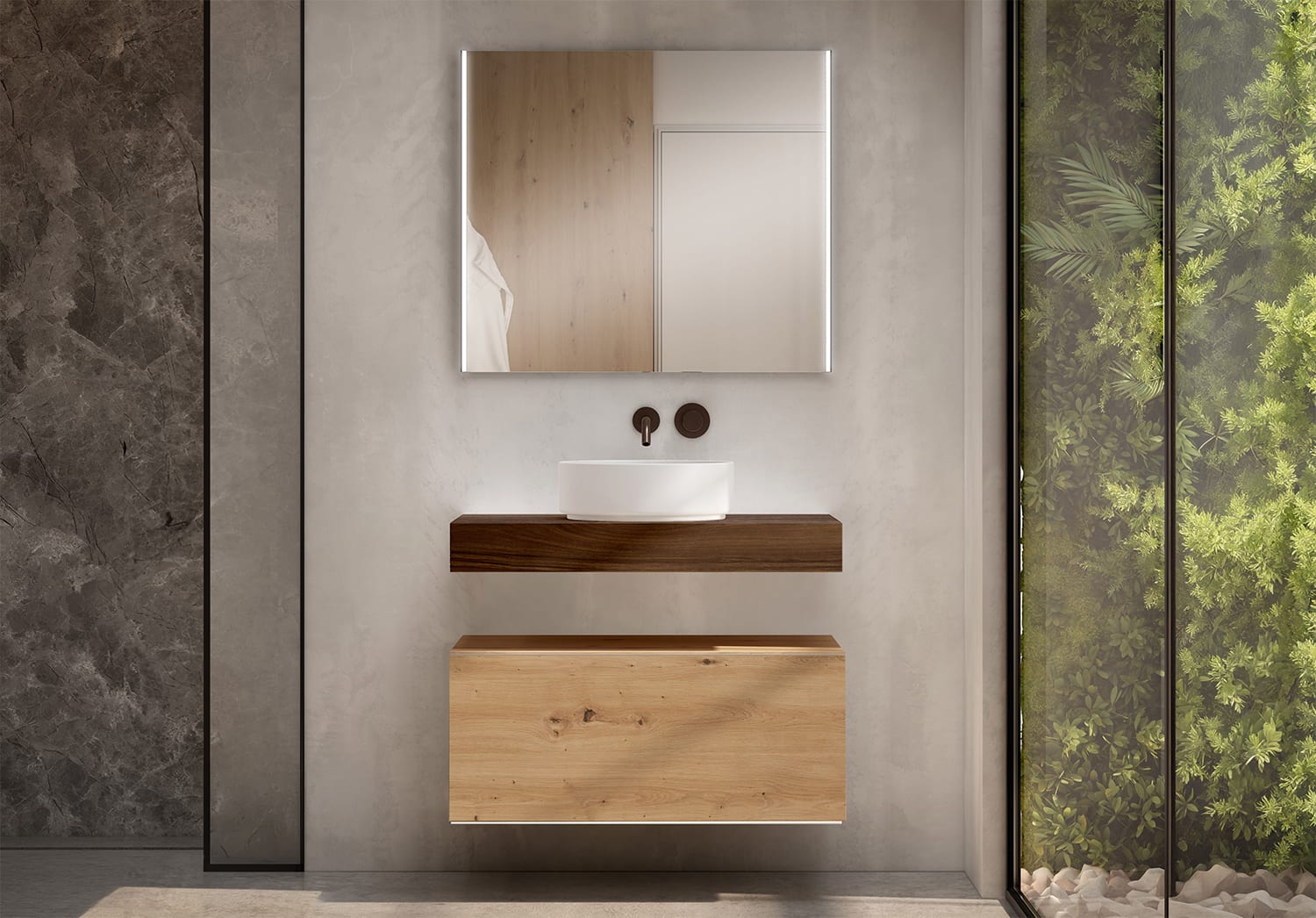 Mueble de baño con encimera de madera 10 cm de altura en color Valenti  con cajonera Nomad Visobath principal 0