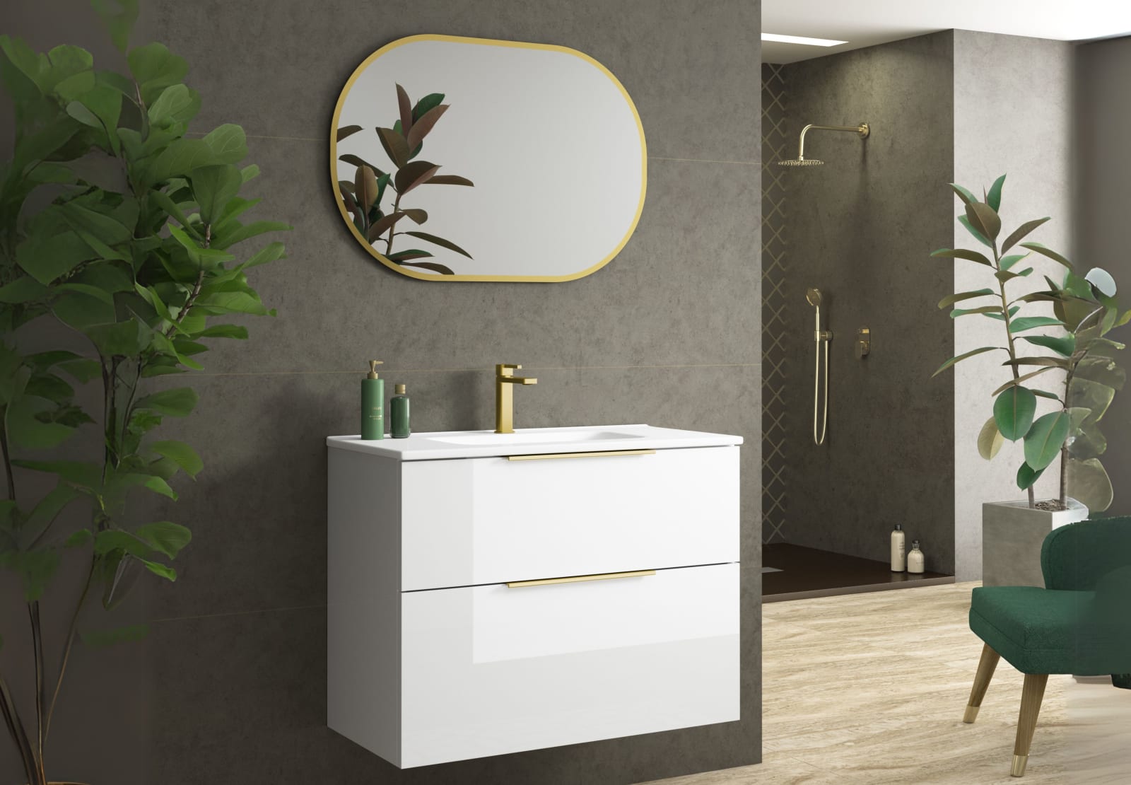 Conjunto mueble de baño fondo reducido 39cm Comet tirador dorado Coycama principal 0