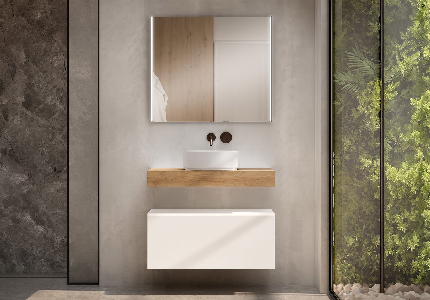 Mueble de baño con encimera de madera 10 cm de altura en color roble costa con cajonera Nomad Visobath principal 0