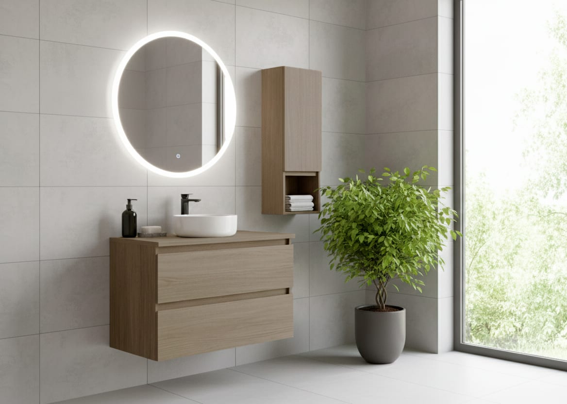 Mueble de baño color madera laminado con encimera de madera Vilma Bruntec principal 0