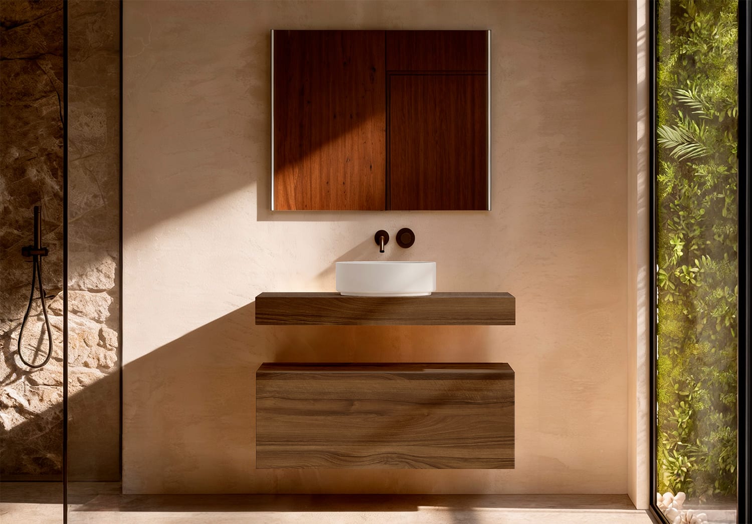 Mueble de baño con encimera de madera 10 cm de altura con cajonera Nomad monocolor Visobath principal 0