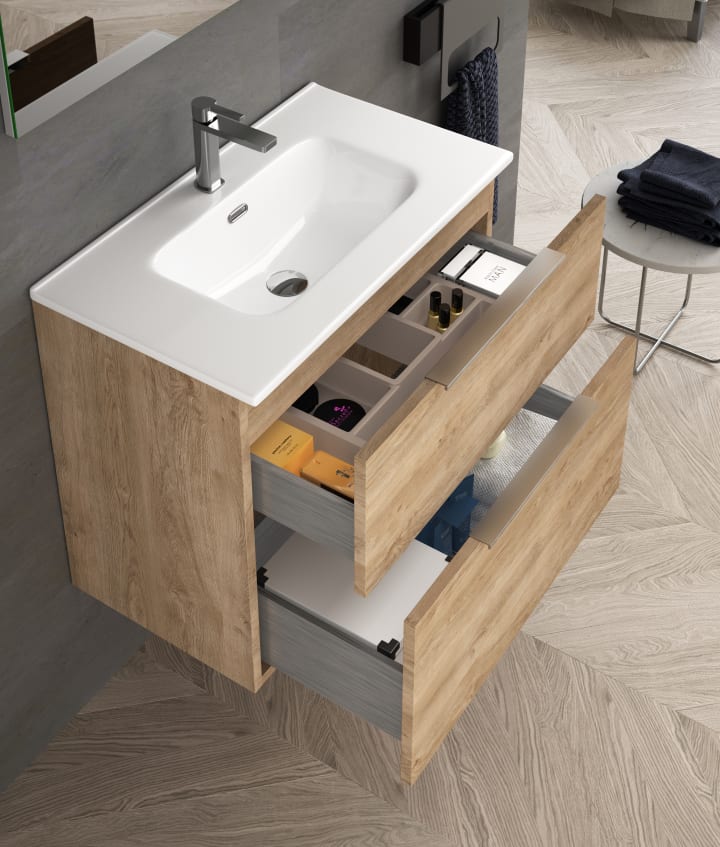 Conjunto mueble de baño fondo reducido 39cm Comet tirador cromo Coycama detalle 3