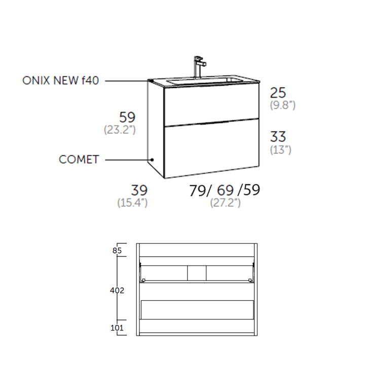 Conjunto mueble de baño fondo reducido 39cm Comet tirador cromo Coycama croquis 6
