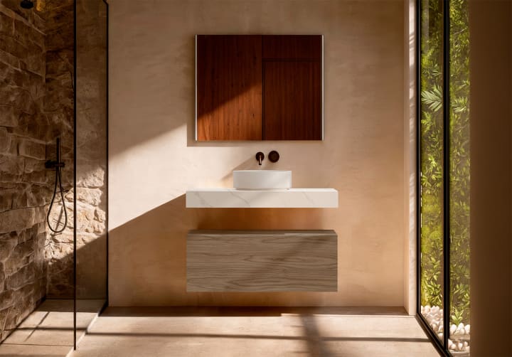 Mueble de baño con encimera HPL resina 10 cm acabado marmoleado Cala con cajonera Nomad Visobath principal 3