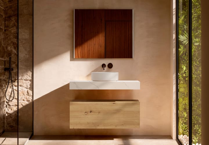 Mueble de baño con encimera HPL resina 10 cm acabado marmoleado Cala con cajonera Nomad Visobath principal 1