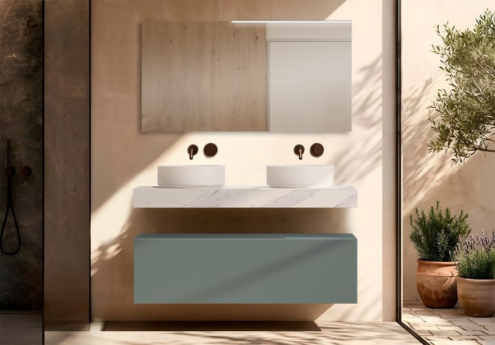 Mueble de baño con encimera HPL resina 10 cm acabado marmoleado Cala con cajonera Nomad Visobath ambiente 18