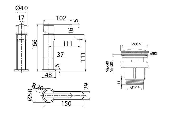 Pack Grifo de lavabo Roma Imex + Válvula click-clack croquis 11