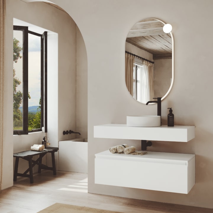 Conjunto mueble de baño MDF lacado con encimera de madera Vilma Bruntec principal 1