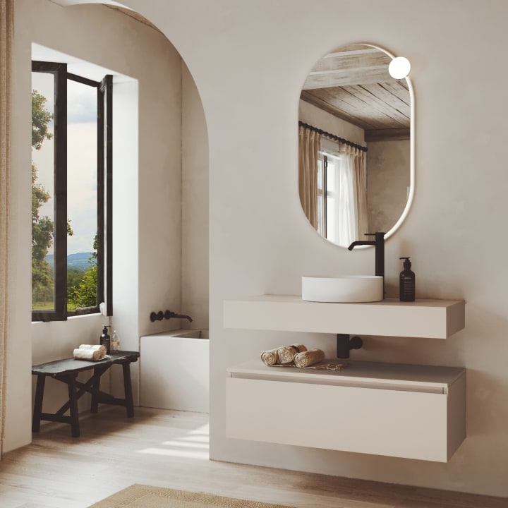 Conjunto mueble de baño MDF lacado con encimera de madera Vilma Bruntec principal 2