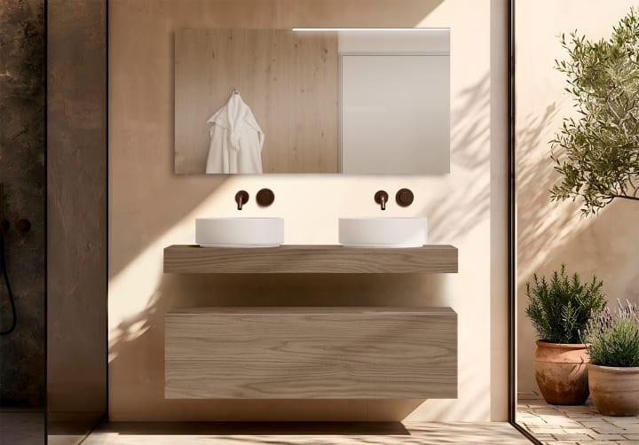 Mueble de baño con encimera de madera 10 cm de altura con cajonera Nomad monocolor Visobath principal 2