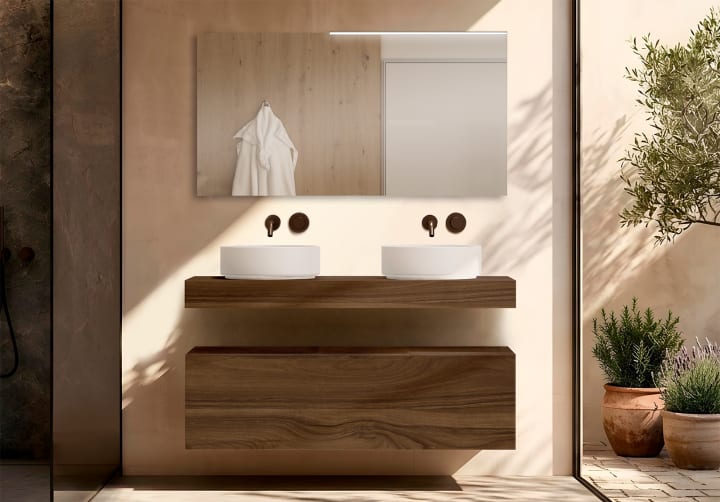 Mueble de baño con encimera de madera 10 cm de altura con cajonera Nomad monocolor Visobath principal 1
