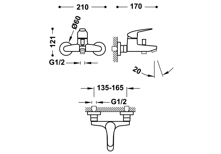Grifo de ducha y bañera empotrado Base Plus Tres croquis 2