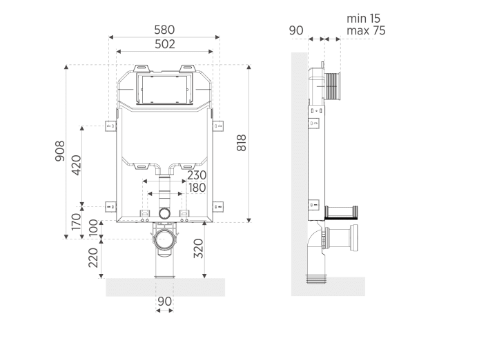 Pack inodoro + cisterna empotrada + pulsador Roundy Bruntec croquis 6