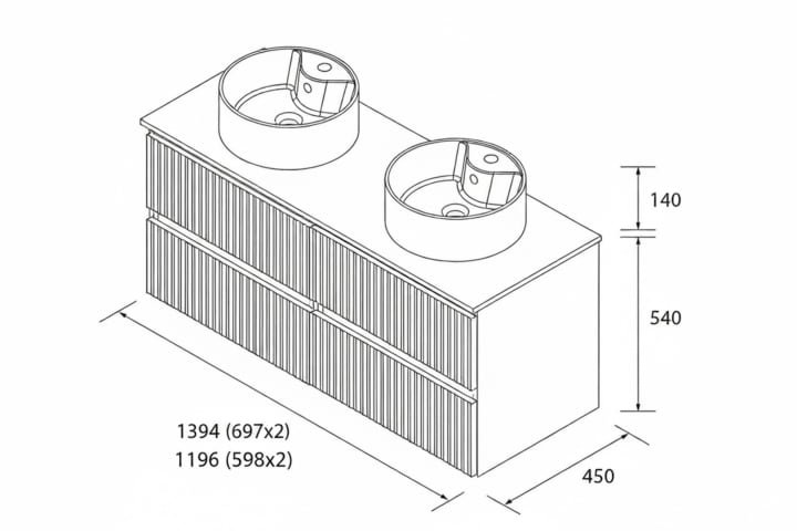 Conjunto mueble de baño Kira Salgar con lavabo sobre encimera croquis 16