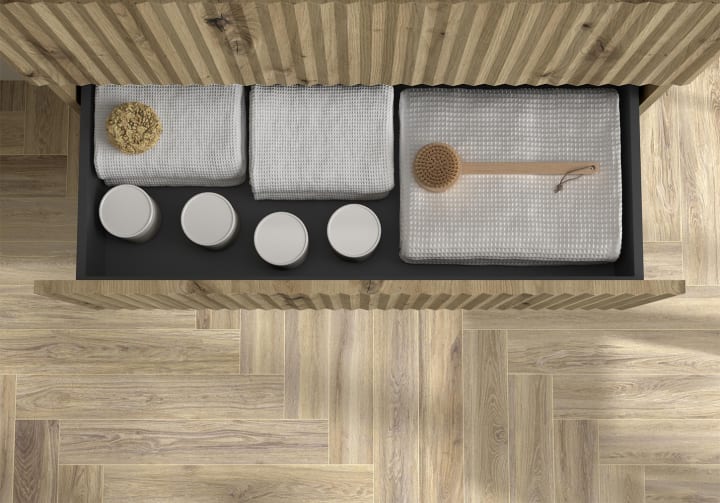 Conjunto mueble de baño Kira Salgar con lavabo sobre encimera detalle 13