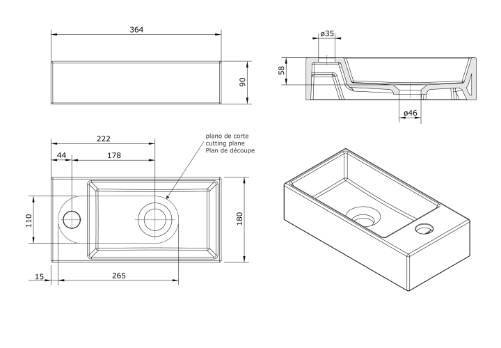 Lavabo sobre encimera Note de Unisan Sanindusa croquis 2