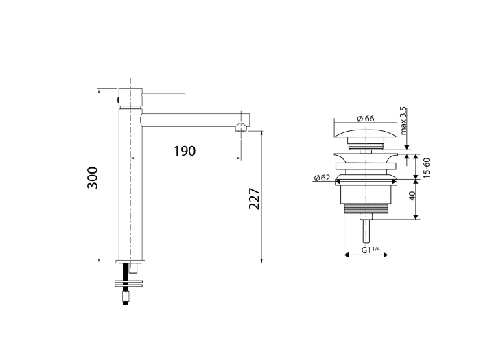 Pack Grifo de lavabo caño alto Milos Imex + Válvula click-clack croquis 11