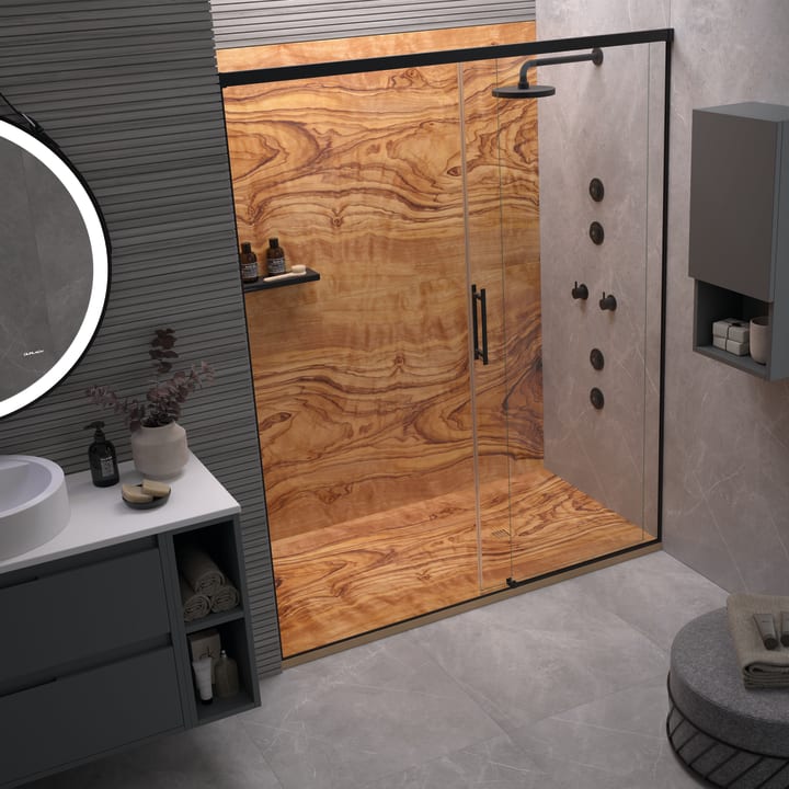 Platos de ducha de resina decorados Design 3D Madera 2 Bruntec ambiente 3