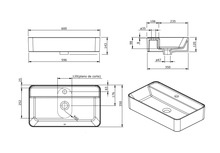 Lavabo sobre encimera Sanlife Unisan Sanidusa croquis 2