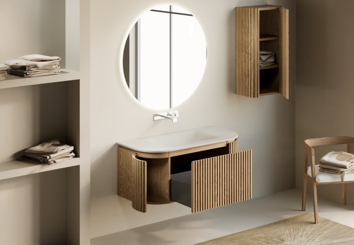 Conjunto mueble de baño madera varias medidas, maciza de fresno con lavabo Solid Suface Neo Curve Bruntec detalle 4