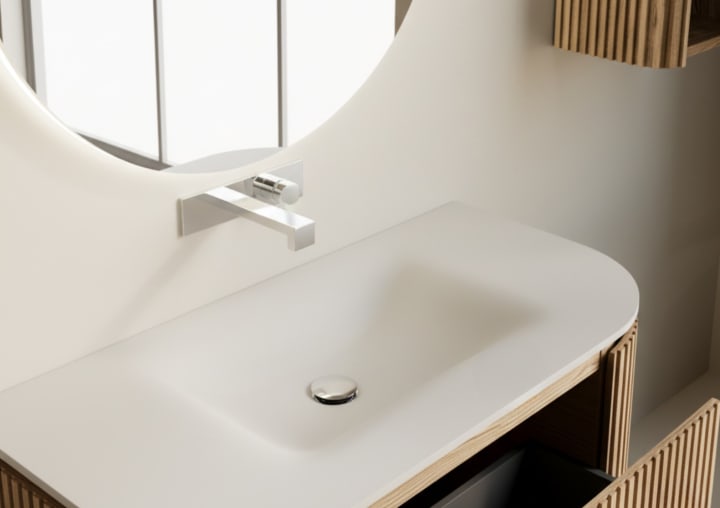 Conjunto mueble de baño madera varias medidas, maciza de fresno con lavabo Solid Suface Neo Curve Bruntec detalle 5