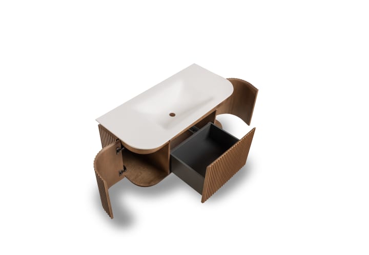 Conjunto mueble de baño madera varias medidas, maciza de fresno con lavabo Solid Suface Neo Curve Bruntec detalle 3
