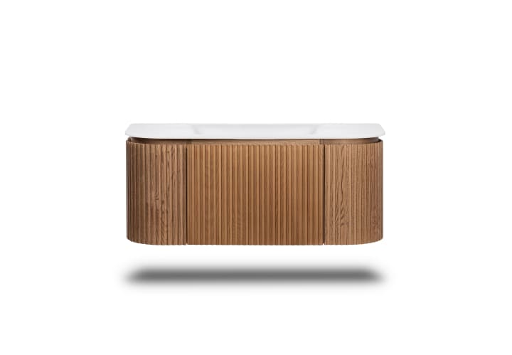 Conjunto mueble de baño madera varias medidas, maciza de fresno con lavabo Solid Suface Neo Curve Bruntec detalle 2