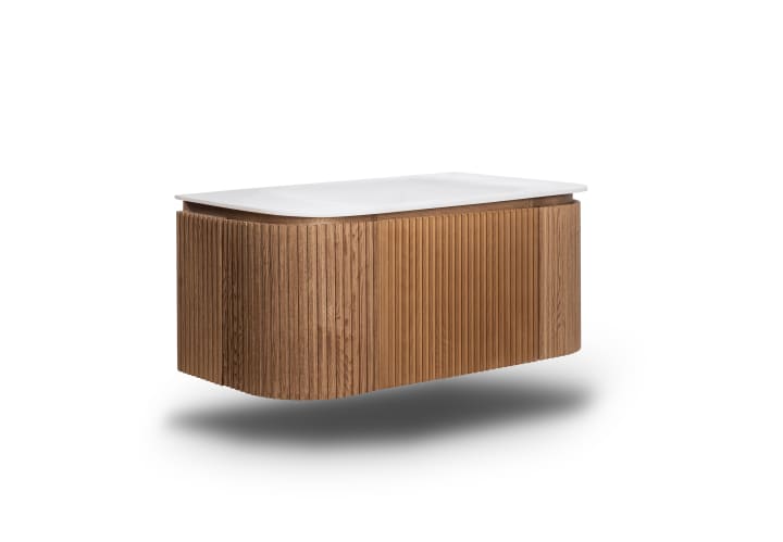 Conjunto mueble de baño madera varias medidas, maciza de fresno con lavabo Solid Suface Neo Curve Bruntec detalle 1