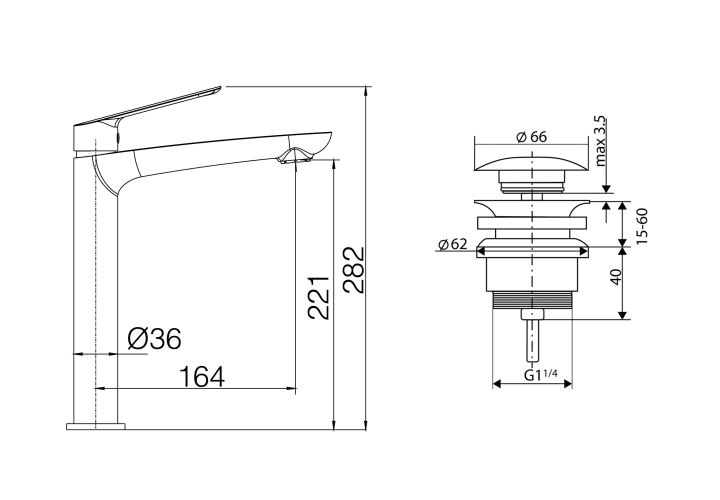 Pack Grifo de lavabo caño alto Lúxor Imex + Válvula click-clack croquis 6