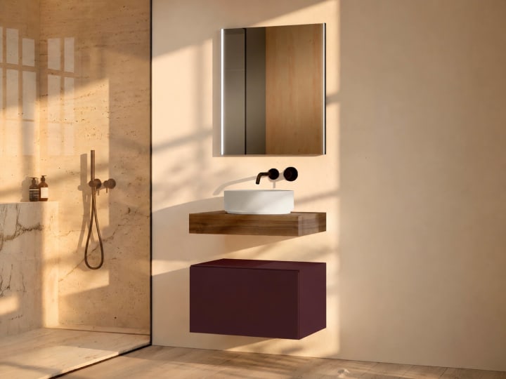 Mueble de baño con encimera de madera 10 cm de altura en color Valenti  con cajonera Nomad Visobath ambiente 16