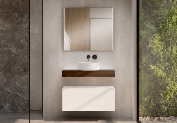 Mueble de baño con encimera de madera 10 cm de altura en color Valenti  con cajonera Nomad Visobath principal 2