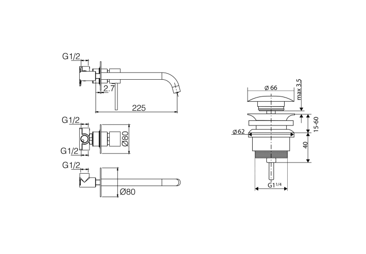 Pack grifo de lavabo empotrado Imex Milos + Válvula click-clack croquis 11