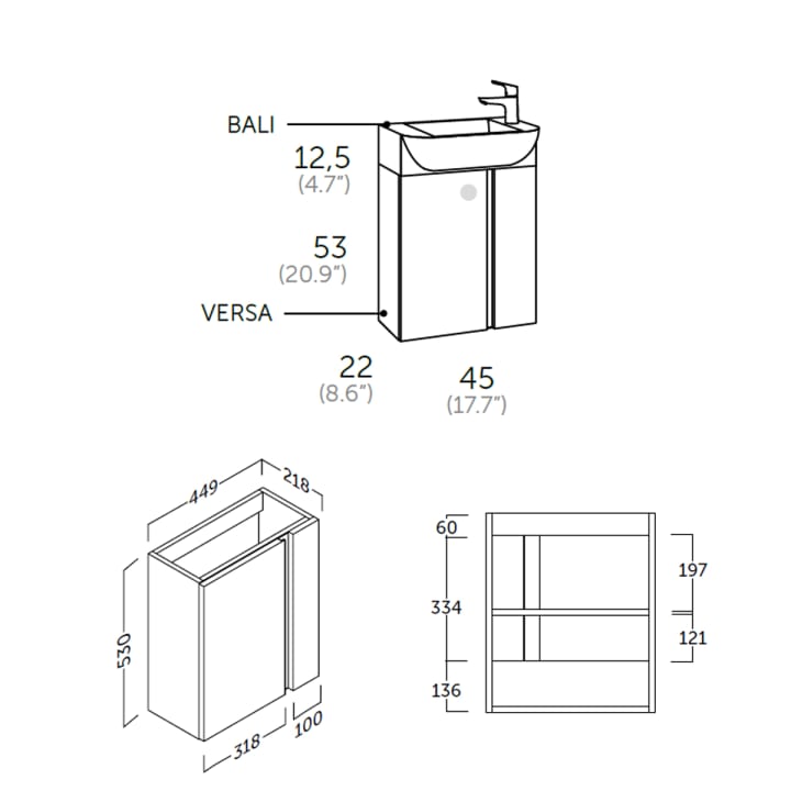 Conjunto mueble de baño fondo reducido 22 cm Versa Coycama croquis 7