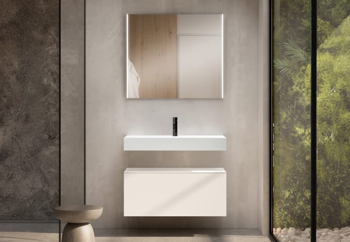 Conjunto mueble de baño con lavabo de carámica de 12 cm de alto y cajonera Nomad Viso principal 1