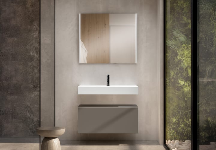 Conjunto mueble de baño con lavabo de carámica de 12 cm de alto y cajonera Nomad Viso principal 2