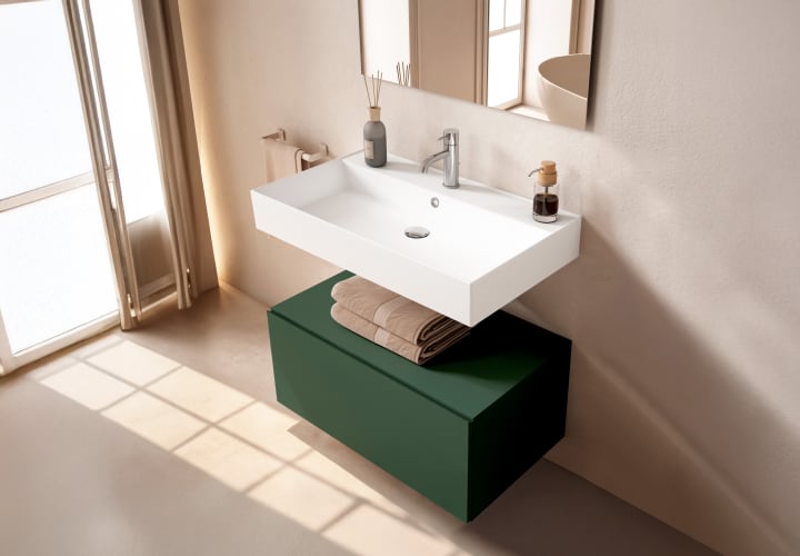 Conjunto mueble de baño con lavabo de carámica de 12 cm de alto y cajonera Nomad Viso principal 9