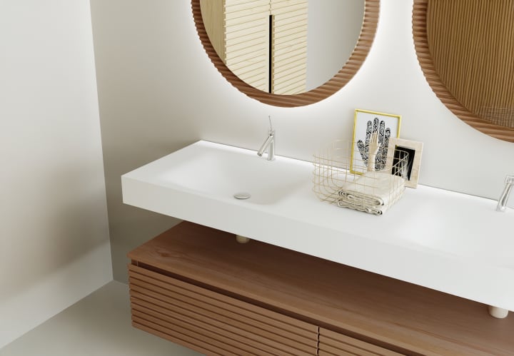 Conjunto de mueble de baño con doble lavabo solid surface y cajonera Alpes 4 Bruntec detalle 3