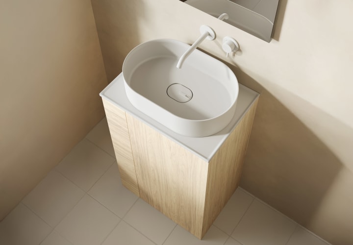 Mueble de baño con encimera solid surface fondo reducido Bassi Royo detalle 17
