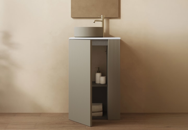 Mueble de baño con encimera solid surface fondo reducido Bassi Royo detalle 18