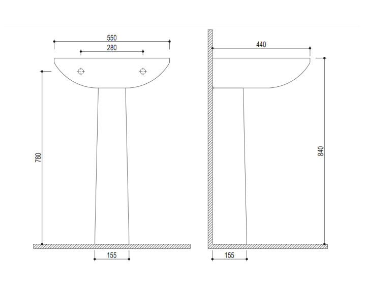 Lavabo con pedestal Strohm Teka Manacor croquis 2