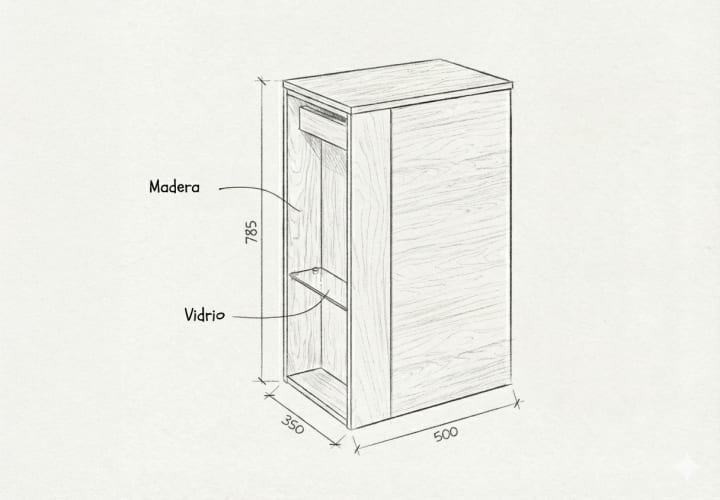 Mueble de baño Bassi Royo con encimera de madera  fondo reducido croquis 22