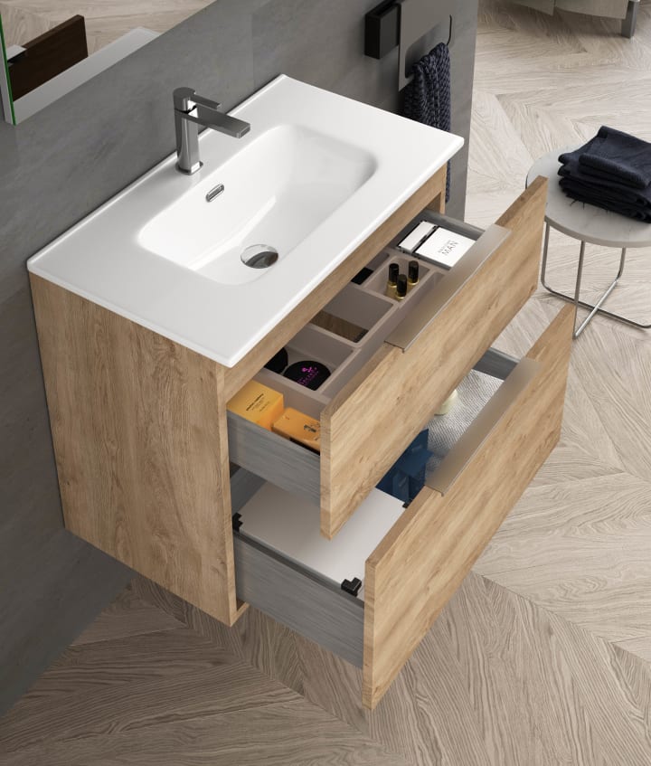 Conjunto mueble de baño fondo reducido 39cm Comet tirador dorado Coycama detalle 4