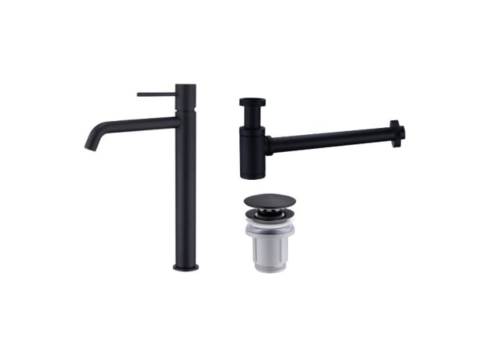 Pack Grifo de lavabo caño alto Monza Imex + Válvula click-clack + Sifón visto redondo principal 1