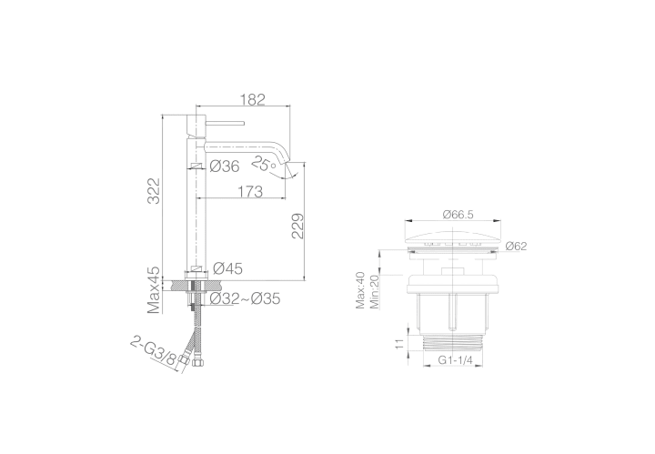 Pack Grifo de lavabo caño alto Monza Imex + Válvula click-clack + Sifón visto redondo croquis 9