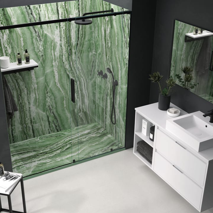 Platos de ducha de resina decorados Design 3D Marmol Travertino Bruntec ambiente 1