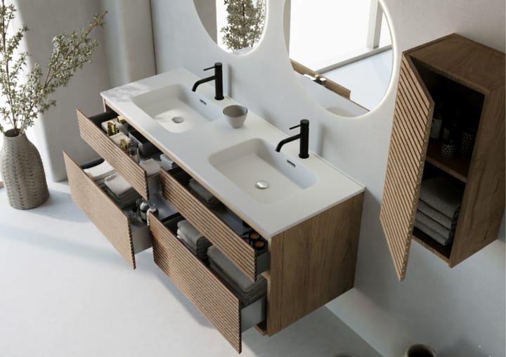 Conjunto de mueble de baño madera maciza palilleria Horizontal Alpes 7 Bruntec detalle 2