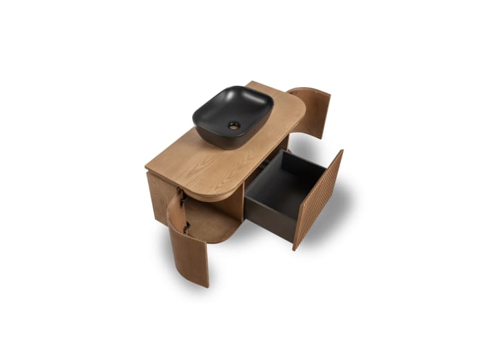 Mueble de baño madera varias medidas, maciza de fresno con encimera de madera Evo Curve Bruntec detalle 4