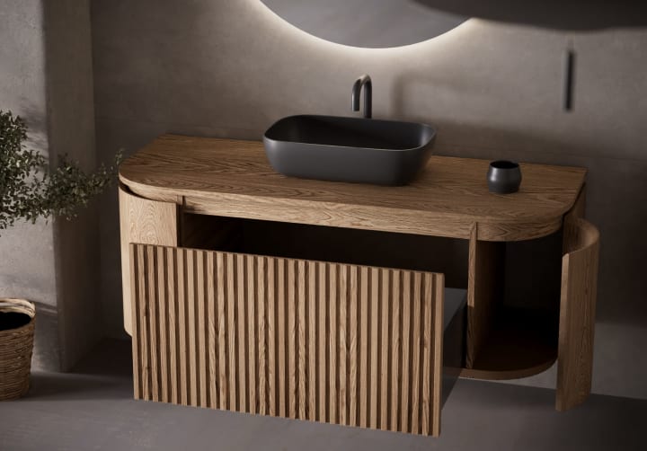 Mueble de baño madera varias medidas, maciza de fresno con encimera de madera Evo Curve Bruntec detalle 5